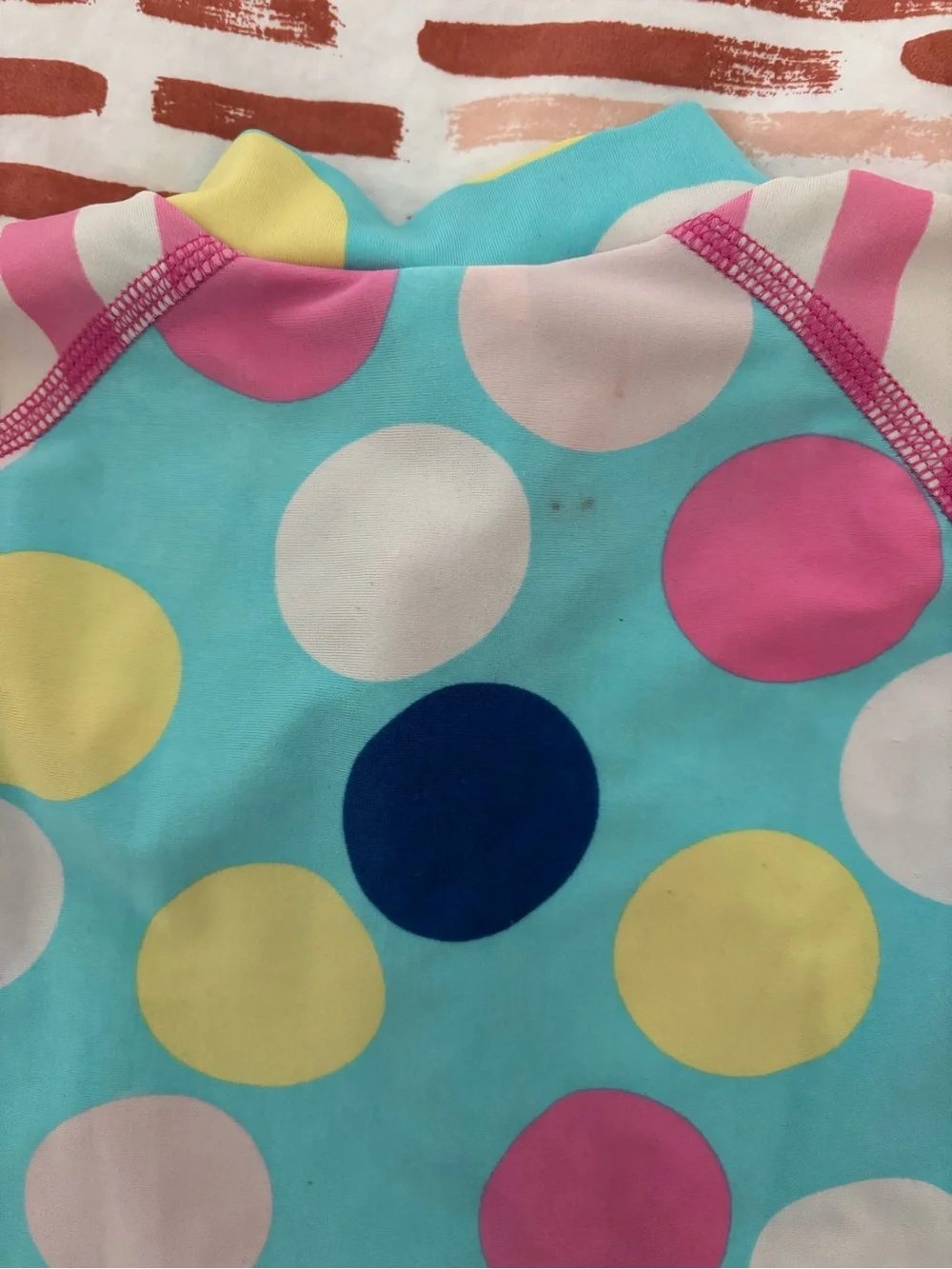 Baby Boden Polka Dot Zip One-Piece Swimsuit - Aqua with Pink Sleeves 6-12 month